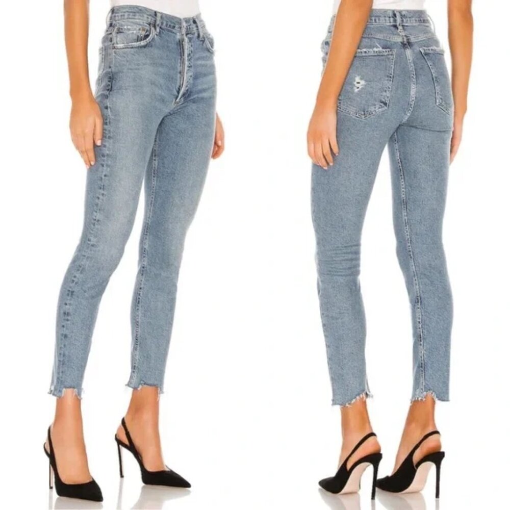 Agolde Nico High Rise Slim Jeans Button Fly Distressed Womens Size 24 Raw Hem